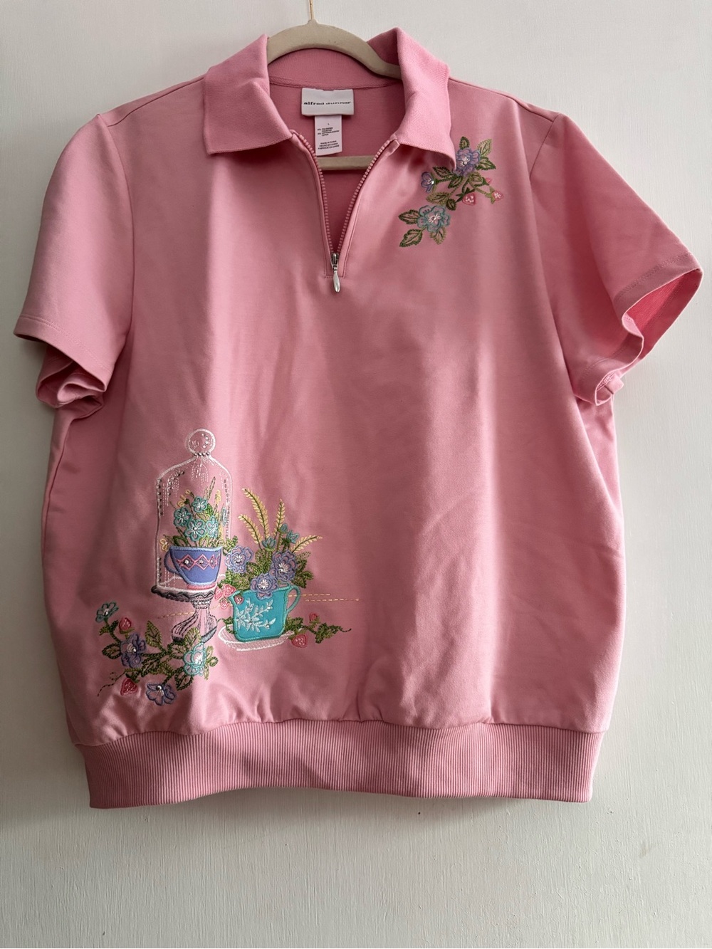Alfred Dunner Pink Short-Sleeve Zip Polo with Tea Cup Embroidery